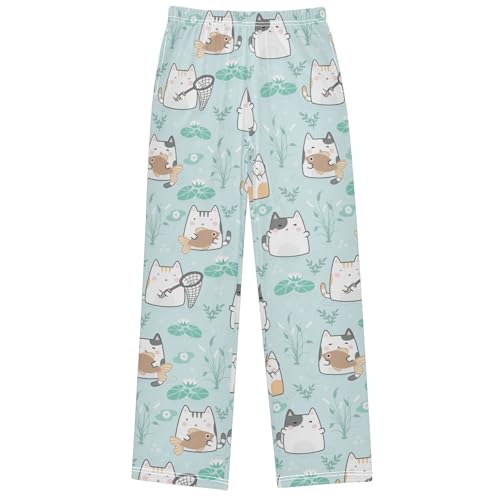 Boy's Pants Cat Fishing Lotus Pond Jogger Pants Elastic Waist Long Bottoms Trousers with Pockets 6-14 Years