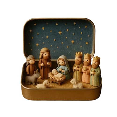 Mini Christmas Nativity Set in a Tin Box - Handcrafted Pocket Size Nativity Scene Gift Tin - Resin Nativitys Sets & Figures Christmas Decoration Indoor for Home Gifts Decor B