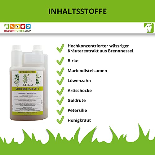 ESTELLA Stoffwechselsaft (1Liter) I Stoffwechsel Pferd, hoch konzentrierter Kräuterextrakt, Kräutersaft mit Brennnessel, unterstützt die Niere und Leber des Pferdes