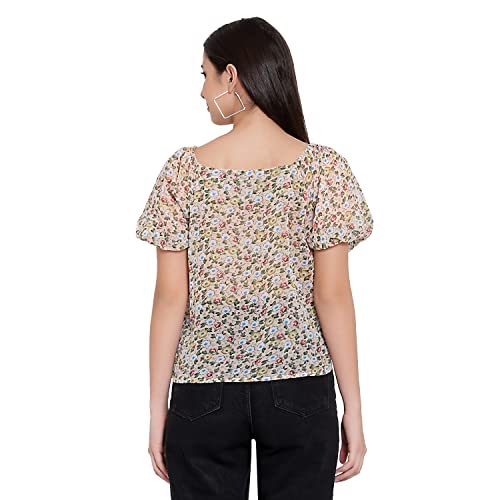 Image of FNOCKS Women Button Closure Short Sleeves Floral Printed Tops /Georgette Fabric