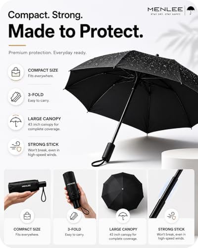 Image of 3 Fold Effortless Open & Close Umbrella for Rain & Sun Protection | SPF100++ UV Protection | Portable Foldable Umbrella for Travel | 43 Inch Wide Canopy, Windproof Auto Open Close Umbrellas