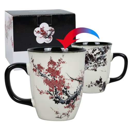 Asmwo Color Changing Heat Sensitive Magic Funny Art Mug Large Coffee Tea Plum Blossom Porcelain Mugs for Women Mom grandma Gifts 16oz Black Change Glow Red Cups