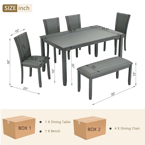 Image of KEIKI 6-Piece Standard Height Dining Table Set with Rectangular Table, 4 Upholstered Chair, Bench, for 6 Person, Farmhouse Rustic Style Table Set, Easy Assembly, for Kitchen, Dining Room, Gray