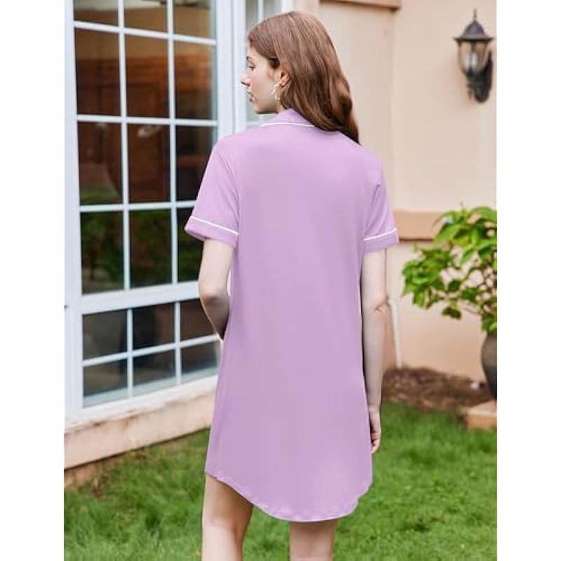 Ekouaer Nightgowns for Women Button Down Sleepshirt Short Sleeve Nightshirt Boyfriend Pajamas V Neck Nightdress S-XXXL 상세이미지 3