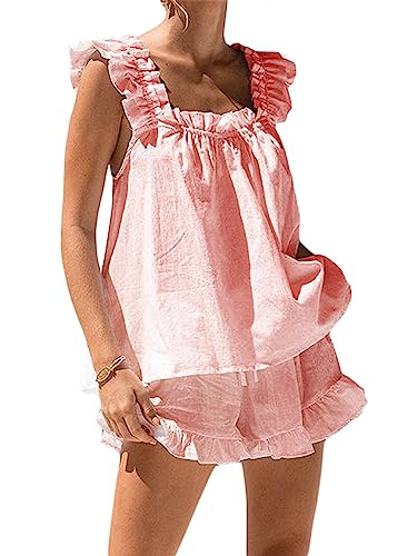 YILEEGOO Womens 2 Piece Pyjama Sets Summer Short Ruffle Trim Crop Tank Top Cami and Casual Shorts Loungewear (Pink, L)