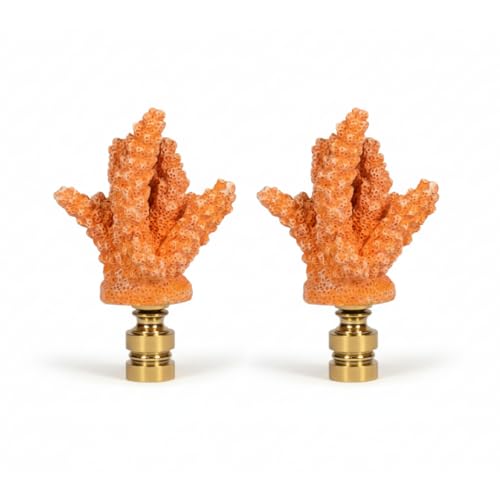 Image of Royal Designs, Inc. Sea Life Lamp Finial, Large Coral, Orange, Polished Brass Base, Replacement Finial for Table or Floor Lamps, Set of 2