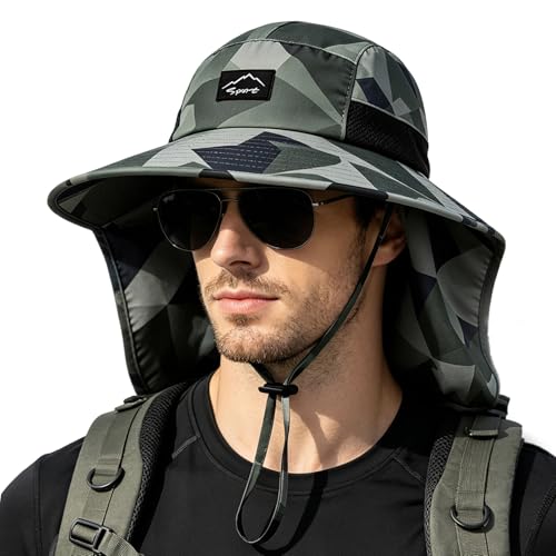 Image of Rosoz Outdoor Sun Hat for Men Women, UPF50+ Protection Safari Cap Wide Brim Mesh Fishing Hat with Neck Flap Beach Garden