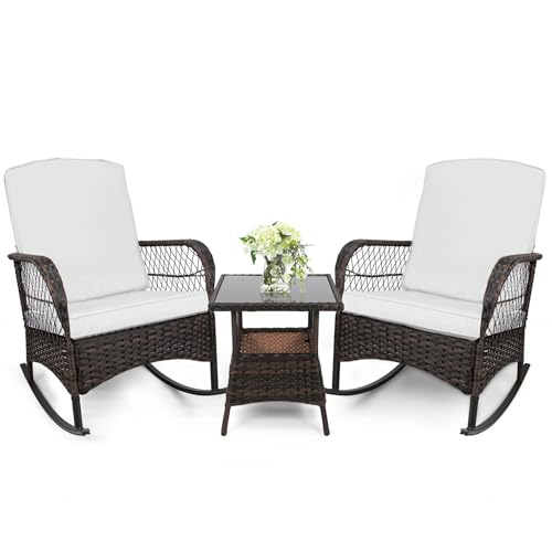 LEVELEVE 3pcs Modern PE Wicker Outdoor Rocking Chairs & Glass Table Set White