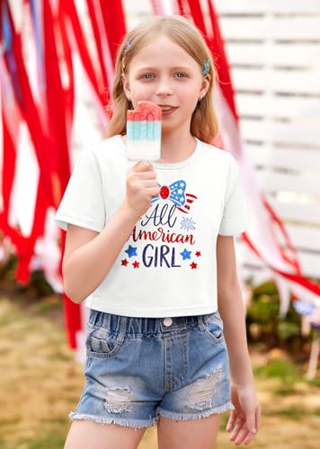 Image of BesserBay Kids Girls 4th of July Crop Tops American Flag Red White Blue Patriotic Bows USA Flag T-Shirts 6-14 Years