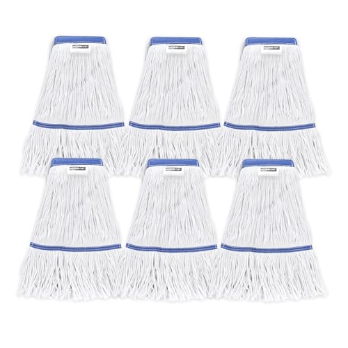 KLHB-YF 16-Ounce Medium Replacement mop Head White mop Heads Suitable for All Hard Floors Cotton Washable Industrial mop Heads for Commercial & Home Cleaning 6 Pack Machine Washable mop Heads
