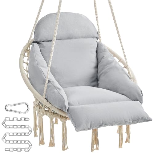 Image of SONGMICS Hanging Chair, Hammock Chair with Large, Thick Cushion, Boho Swing Chair for Bedroom, Patio, Balcony, Garden, Holds up to 264 lb, Accessories Included, Cream White and Dove Gray UGDC042G01 | Hammock Chair with Large, Thick Cushion, Boho Swing Chair for Bedroom, Patio, Balcony, Cream White and Dove Gray UGDC042G01