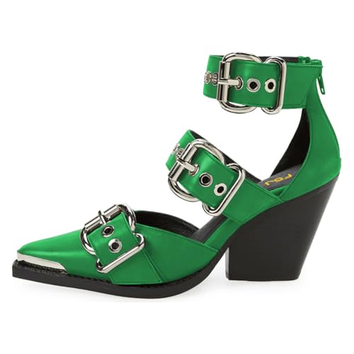 FSJ Women Pointed Toe Metal Buckle Hollow Out Leather Strappy Medium Thick Wedge Stacked Heel Sandal Zipper Fashion Pumps Shoes Size 4-16 US2