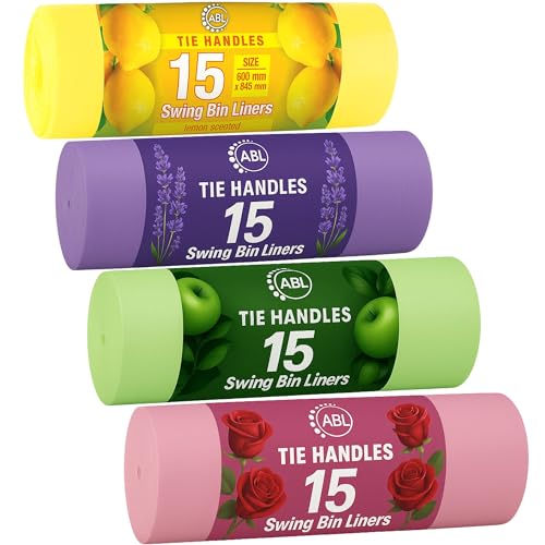 Scented Swing Bin Liners 50l | 15 Lemon 15 Lavender 15 Apple 15 Rose Scented Bin Bags | Tie Handles 60cm x 94cm | 60 Liners