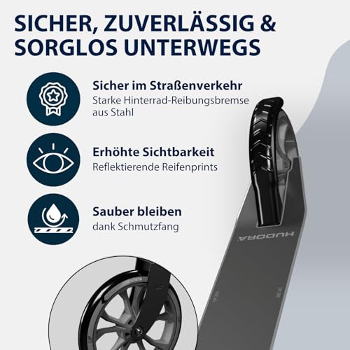HUDORA Scooter Up 200 - Ger&auml;uscharmer Aluminium-Roller f&uuml;r bis zu 100kg - H&ouml;henverstellbarer & zusammenklappbarer Tretroller - Ruckelfreier Kick-Scooter f&uuml;r Kinder / Jugendliche & Erwachsene
