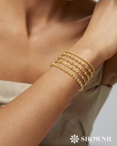 shownii Gold Bracelets for Women - 14K Gold Plated Stretch Beaded Bracelets Stackable Bead Ball Adjustable Jewelry Set with Cross Graduation Gifts for Her4