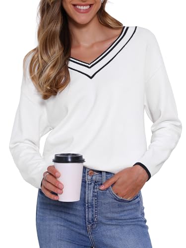 Allegra K V Neck Sweaters for Women Long Sleeve Sweater Fall Casual Knit Pullover Top 2025