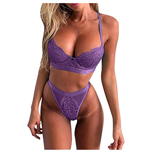 Sexy Nightgown Lingerie Teddy Onesie Pajamas Babydoll Bra and Panty Sets(Purple,S)