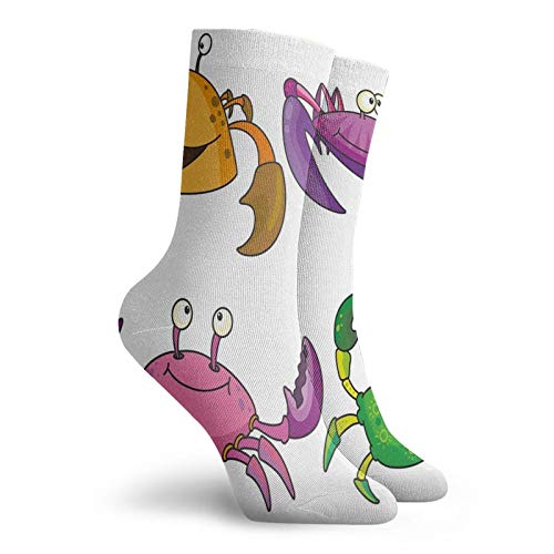 Crabs Decor Fashion Compression Socks,Children Decor Illustration Of Funny Crabs Cartoon Style,Performance Polyester Cushioned Athletic Crew Socks for Running,Athletic,Purple Fern Green -12 inch2