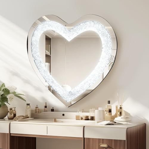 SXFSDOU Heart Wall Mirrors, 50x50cm Silver Bling Frameless Decor, Crush Diamond Decorative Mirrors for Hallway, Bathroom, Bedroom, Living Room