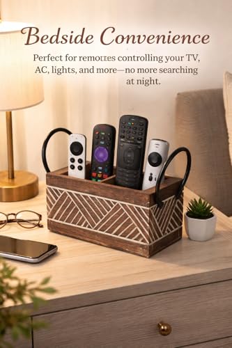 Image of Craft Expertise 2 Compartment Remote Control Holder Stand for TV & AC - Wooden & Iron Remote Organizer for Table, Sofa & Bedside | Rustic Brown Decorative Remote Caddy | Size 8 x 4 x 6.5 Inches