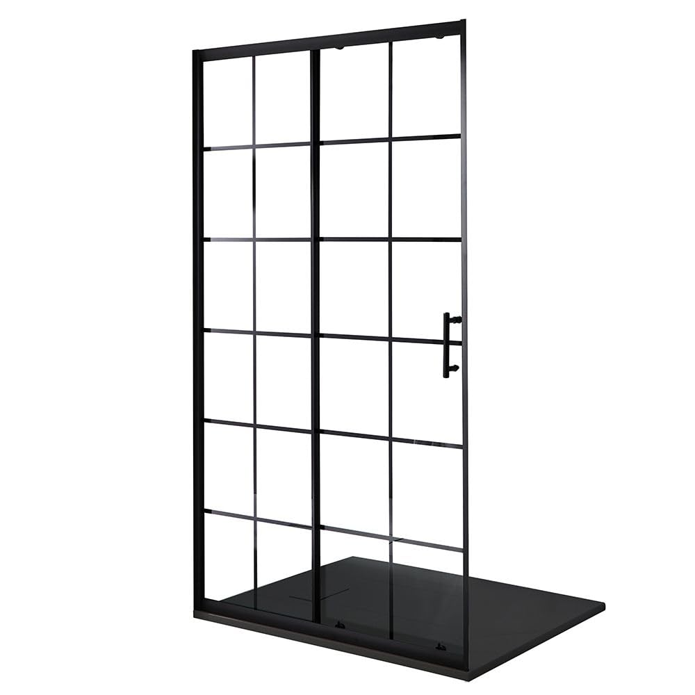 Milano Barq Black Grid Sliding Door Shower Enclosure Graphite Tray - 1400mm x 800mm