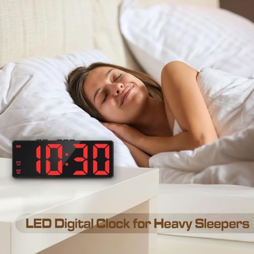 Image of Digital Alarm Clock, Mirror Surface LED Electronic Clocks Large Display, Adjustable Brightness, Dual Power Supply, Snooze Model for Bedroom, Desk, Office (Black Case + Red Digit)