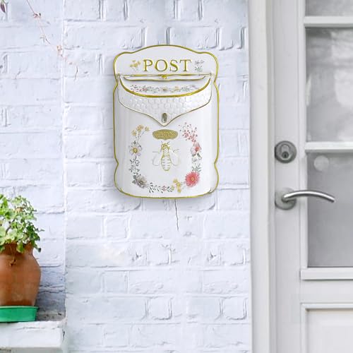 Image of Wall Mount Mailbox for Outside Vintage Mail Boxes for House Outside Metal Door Mailbox Drop Box Antique Style Nostalgic Charm Home Decorative, Bee Pattern, White