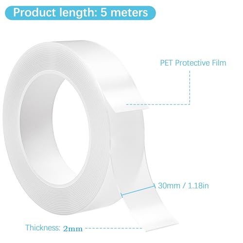 Taiyeestar 5m Doppelseitiges Klebeband Extra Stark Transparent (30mm breit), Ablösbar nicht markierend Doppelseitiges transparentes Nano tape, für Teppich/Foto Wand/Küche/Zuhause, 2mm Dicke