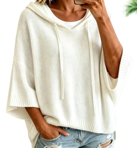 Sudadera de punto con capucha para mujer y manga tres cuartos estilo murciélago