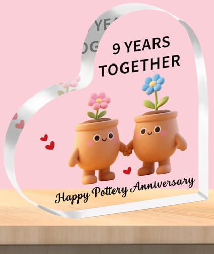 TTOVEN 9th Anniversary Plaque Gifts for Her Him Happy Pottery Anniversary Plaque I Love You Romantic Acrylic Heart Gifts For Women Men Gifts For Couples Ninth Wedding Anniversaries