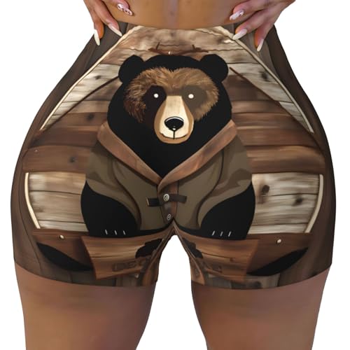 Rustic Lodge Bear Pattern Sports Shorts, high Elastic Slim Fitness Pants, Suitable for Yoga/Leisure/Daily wear