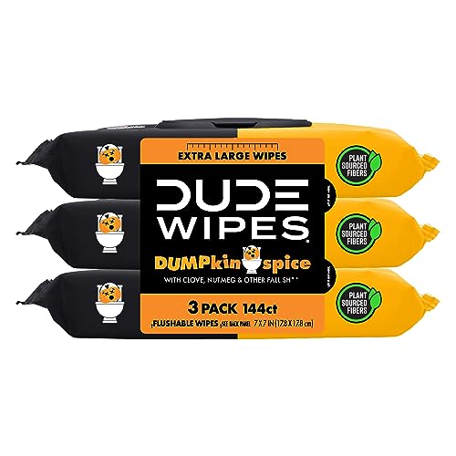 DUDE Wet Wipes- Flushable - DUMPkin Spice with Clove, Nutmeg, and Other Fall Pumpkin Spice Scents - Septic and Sewer Safe Butt Wipes For Adults, Extra Large - 3 Pack, 144 Wipes