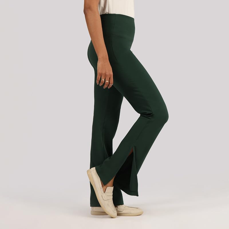 Image of BlissClub Women's Comfort Fit Mid Rise Ultimate Slit Flare Pants - Lite Tall |Above 5'5 | Stylish Slits | Stretchy | Comfortable | Back Pocket