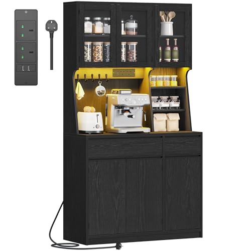 Hzuaneri Kitchen Cupboard with LED Lighting & Power Outlets, Tall Storage Cabinet with Worktop & 2 Drawers, Adjustable Shelves, 40 x 100 x 180 cm, Black PT00104XUK - Image 9