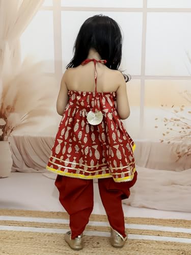 Image of BownBee Halter Neck Pure Cotton Fish Print Kurti with Harem for Girls- (Set of 1) Solid /Printed colorful full length fully stitched regular fit Ethnic wear dress for Kids