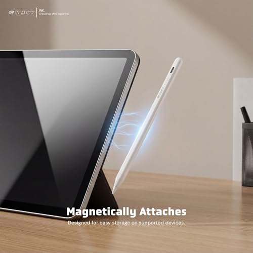 Image of Estatico Ink Universal Stylus Pen for All Touchscreen Devices, iPad & Android Tablets | One Tap Activation, USB-C Fast Charging & LED Battery Indicator | Magnetic Attachment, 2 Tips, Free Stylus Case
