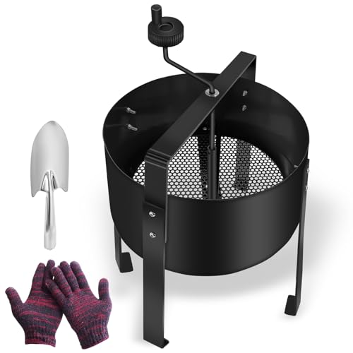 Tamiz giratorio de suelo de jardín, para jardinería, arena, tierra, compost, con pala y guantes, tamiz de tierra para jardinería, arena, roca, compost, suciedad