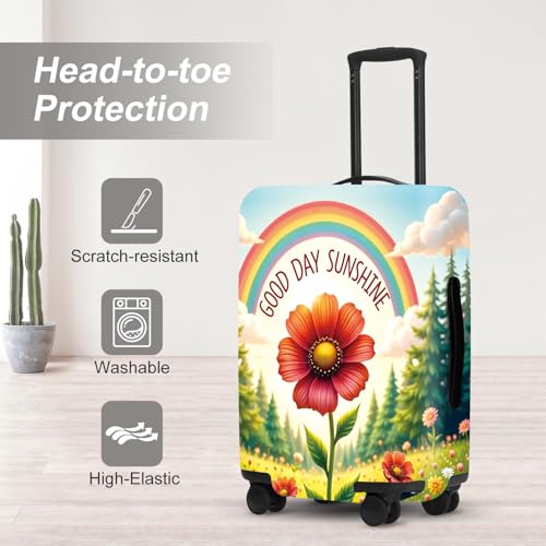 Image of Sunshine Rainbow Luggage Cover, Waterproof Summer Travel Protector with Sunflower & Wildflowers, Bright Vacation Suitcase Case