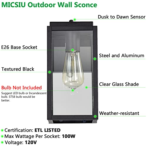 Image of MICSIU Slim 11.25 Inch Dusk to Dawn Black Outdoor Wall Light 5 inch W Farmhouse | 1 Pack Rustic Exterior Wall Sconce with Clear Glass, Outside Porch Lights for House Garage Entryway