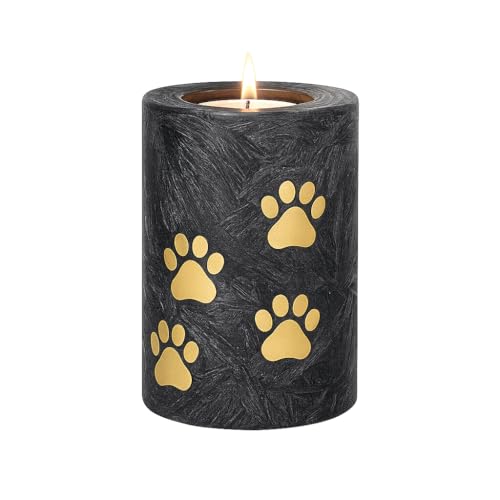Urne Hund Urne Katze mit Kerzenhalter – 400 ml | Tierurne aus Glas mit goldenen Pfoten – Haustierurne 13 cm hoch