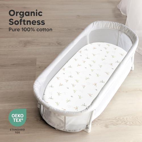 Image of 2-Pack Organic Bassinet Sheets for Girls, Boys - 100% Cotton Bassinet Mattress Sheets Compatible with Halo Bassinest Swivel Sleeper, Graco, Baby Delight, Chicco, Unisex Fitted Bassinet Sheets (Meadow)