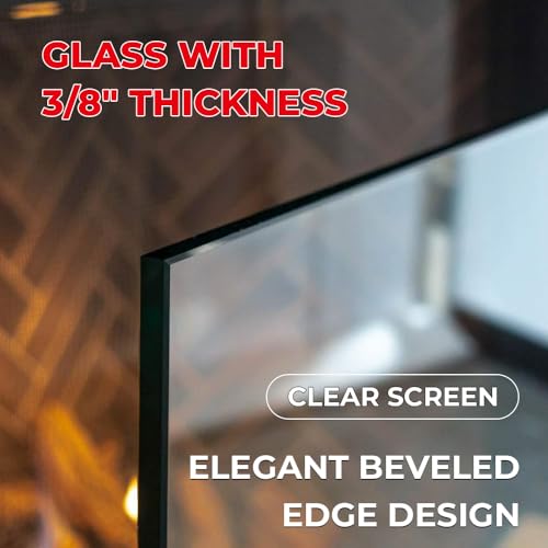 Image of AMS Fireplace | Manhattan Modern Freestanding Frameless Clear Glass Fireplace Screen with Polished Metal Stainless Steel Feet Base (Small Size: 36 inch W X 26 inch H)
