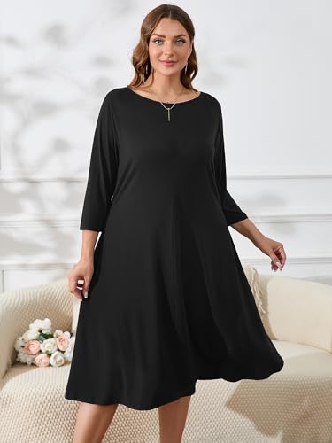 Image of AusLook Women's Plus Midi Dresses Crew Neck A Line 3 /4 Sleeves Casual Elegant Loose Wedding Vacation Dress with Pockets