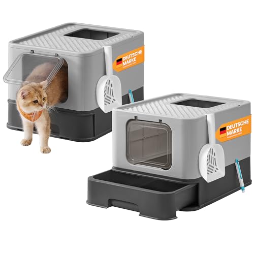 Feandrea Katzenklo 2er Set, Katzentoilette, mit Deckel, ausziehbares Tablett, Schaufel, Bürste, für Katzen bis 15 kg, weniger Spuren, auslaufsicherer Boden, anthrazitgrau-Taubengrau PPT001B10