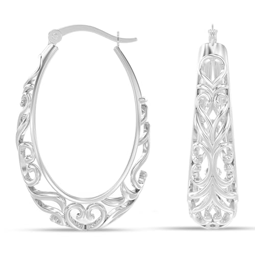 Image of TRUESILVER ACPL 925 Sterling Silver BIS Hallmarked Filigree Hoop Earrings for Women & Girls | Lightweight Designer Oval /Round Hoops | Everyday Wear | Gift for Her