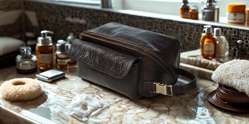 Coyote Bay® Premium Full Grain Soft Leather Makeup Bag Large 9 Inch, Travel Organizer Pouch, Shaving Kit, Cosmetics Toiletry Bathroom Organizer Kit3