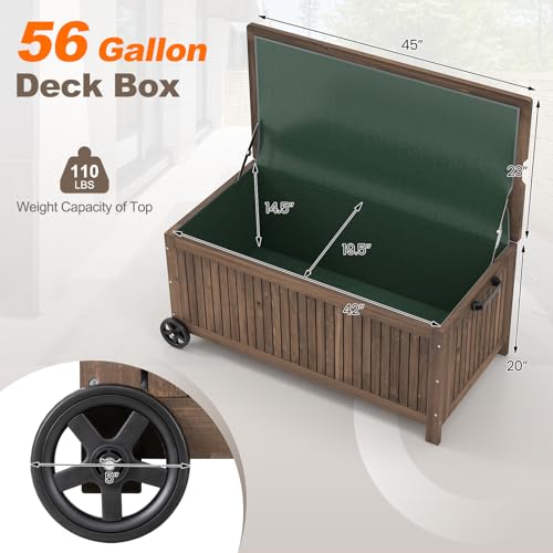 Goplus 56 Gallon Wooden Storage Box, Fir Wood Patio Storage Bench With Removable Waterproof Pe Liner, Outdoor Deck Box With Wheels For Garden Tools thumb #5