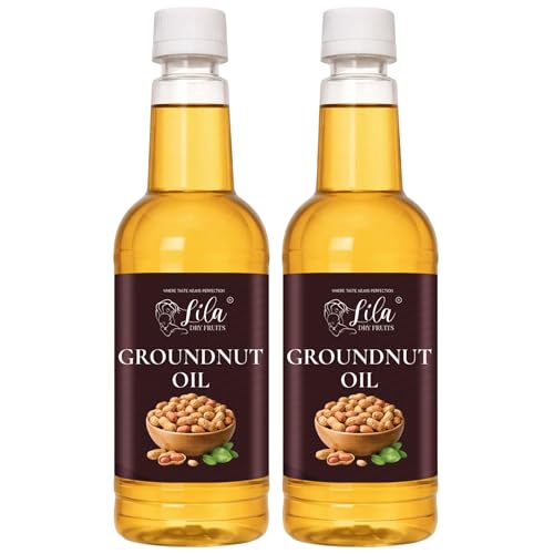 Image of LILA DRY FRUITS Groundnut Oil 1.5 L (750 ML x 2) Cold Pressed Peanut Oil for Cooking Natural Moongfali ka Tel for Frying, Tadka & Daily Kitchen Use, Kacchi Ghani Cholesterol Free Ground Nut Oil Chemical-Free