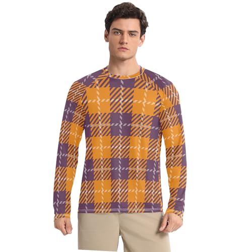 Orange Purple Plaid UPF 50+ Sun Shirts for Men Breathable Round Neck Sun Shirt for Men Long Sleeve Summer
