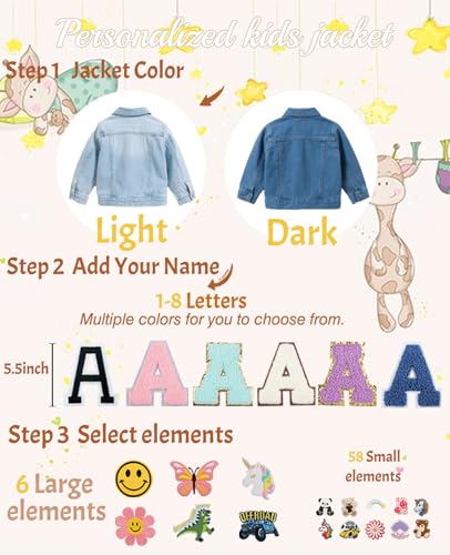 Personalized Kids Denim Jacket with Names Patch Custom Jean Jacket for Girls Boys 1-12 Years Customized Long Sleeve Jacket Clothes for Toddlers Birthday Christmas Back to School Gifts3